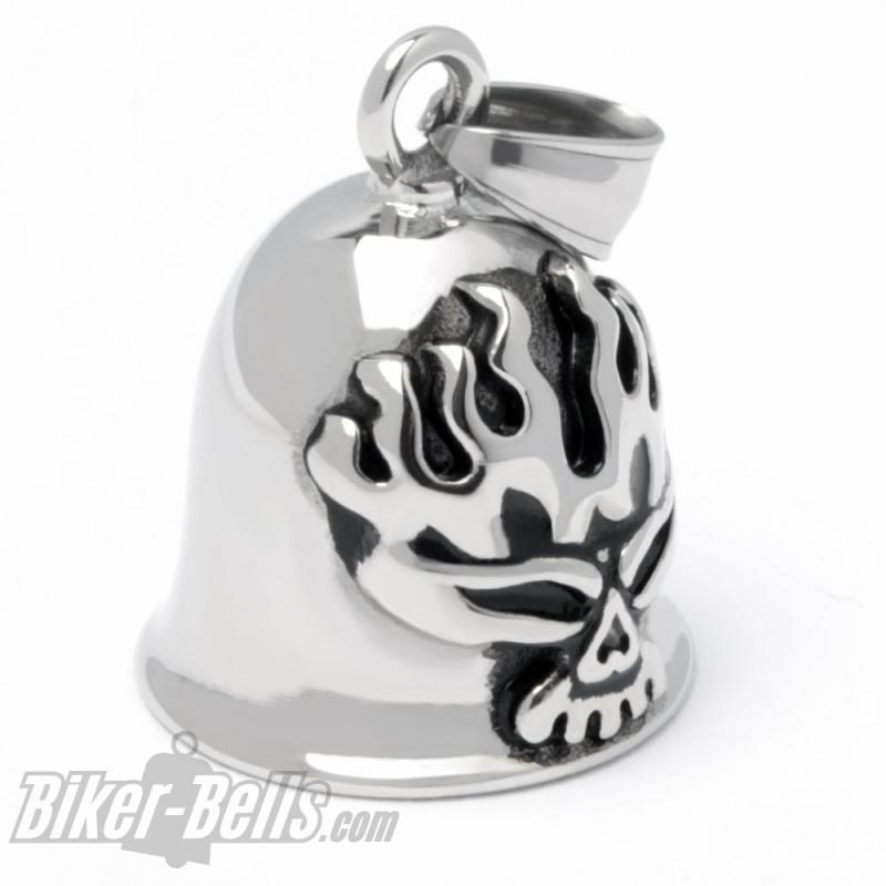 Skull Biker-Bell aus Edelstahl mit Flammen-Totenkopf Motorrad Glücksglocke Schädel